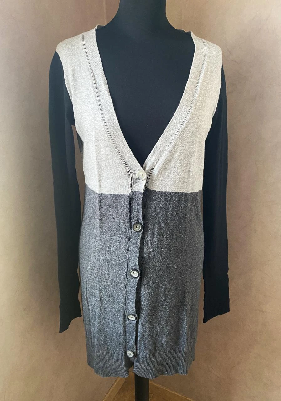 Gilet long IKKS T40 gris chiné & noir – coton, cachemire, style chic casual